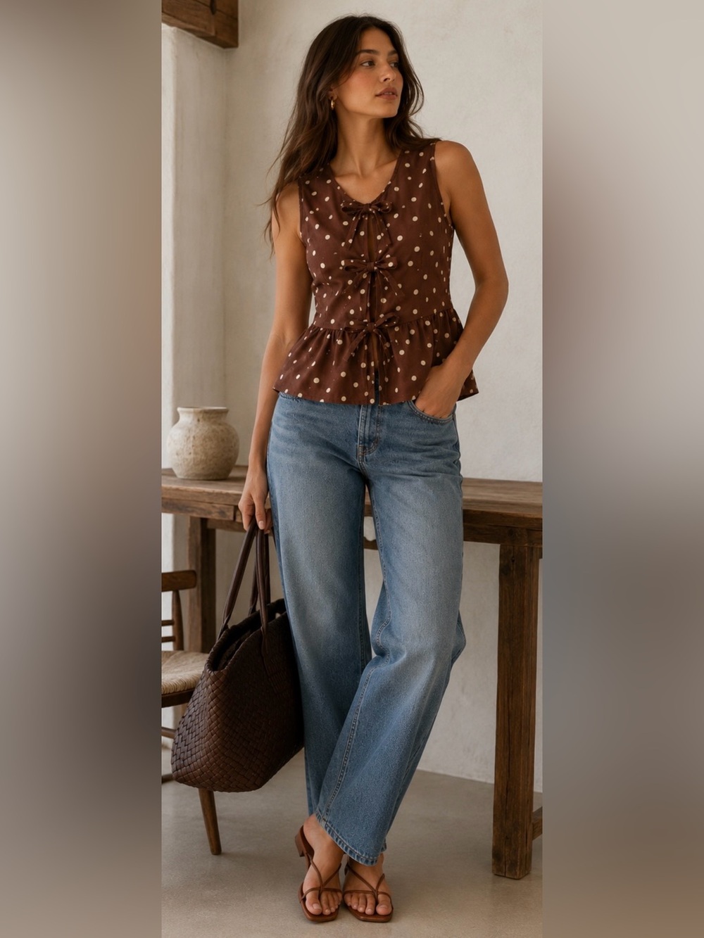 Vigoss Brown Top with White Polka Dots